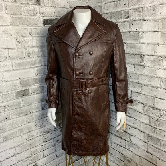 Vintage 70s Leather Double Breasted Removable Quilt Liner Belted Overcoat New - Picture 1 of 16